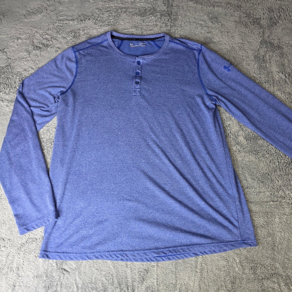Under Armour Mens XL Henley Shirt Blue Heathered Threadborne Long Sleeve Fitted
